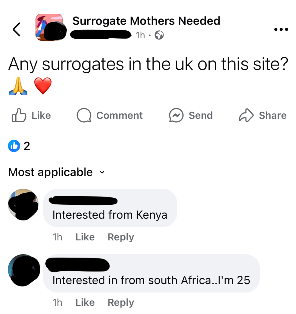 Screenshot from Facebook Group titled Surrogate Mother's Needed.