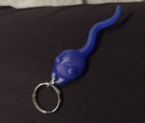Blue rubber sperm-shaped key ring.